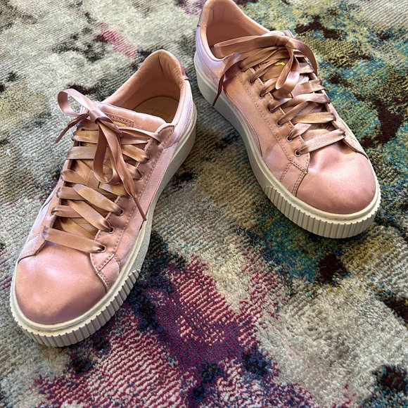 PUMA Basket Size 9 Pink Satin Platform Sneakers - Picture 1 of 2
